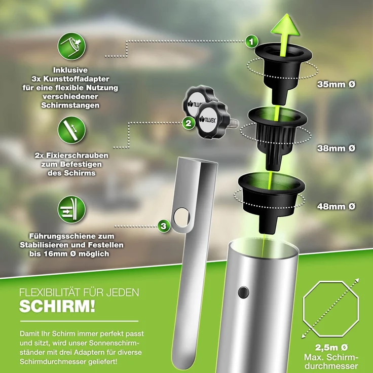 tillvex® Granit Sonnenschirmständer mit Rollen & Teleskopgriff 27 kg Schwarz - Rund | Schirmständer Sonnenschirm mit Edelstahlrohr | Balkonschirmständer für Schirmstöcke 16-48 mm & 300 cm Schirmdurchmesser – Bild 5