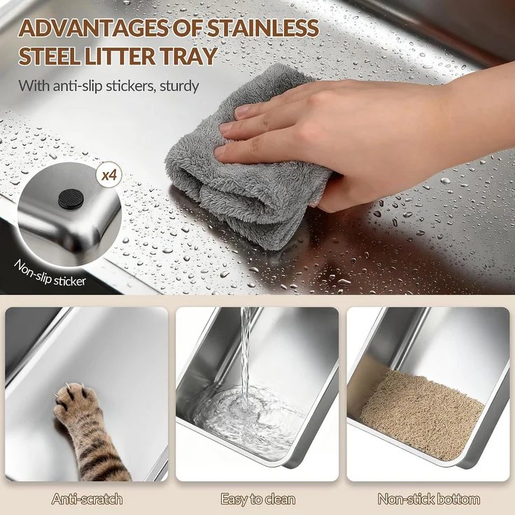 Edelstahl Katzenklo mit Deckel XL, 58 x 37 x 36,5 cm, Hellgrau, Geschlossene Metall Katzentoilette, 100° klappbarer Deckel, mit Streu-Siebmatte und Schaufel, Modulares Design – Bild 3