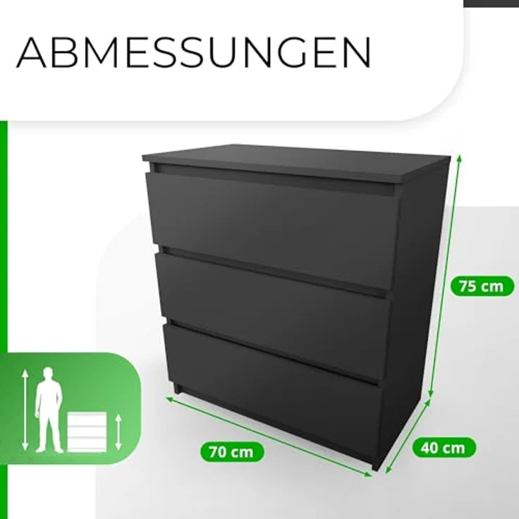 CDF Kommode mit Schublade Schwarz Schrank Schubladenschrank 3 Schubladen Malm Kommode viel Stauraum Geeignet für Wohnzimmer Schlafzimmer Komodenschrank Organizer Kleidung 40T x 70B x 75H cm – Bild 3