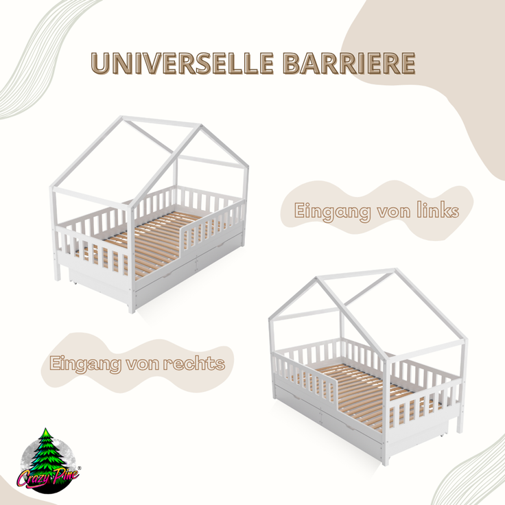 Crazy Pine 'Crazy House' Hausbett mit abnehmbaren Rausfallschutz, Naturholz, Weiß, 100x190 cm, mit Schubladen – Bild 8