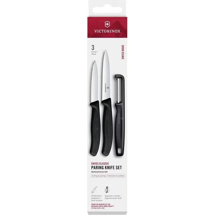 Victorinox Swiss Classic Gemüsemesser Set mit Sparschäler, Schälmesser und Tomatenmesser, 3-teilig, Extra Scharfe Klinge, Schwarz