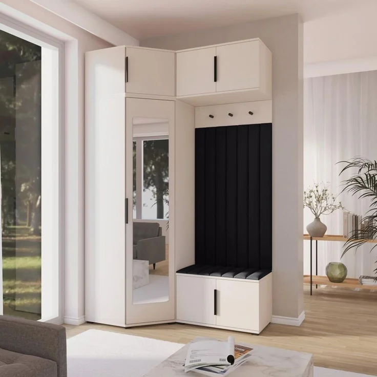 Garderoben-Set Napoli Version 23: Eckschrank mit Polsterpaneelen, Schuhschrank und Schrankaufsatz Flur und Eingangsbereich (Cashmere/Trinity 16), 225 x 70 x 140 cm – Bild 7