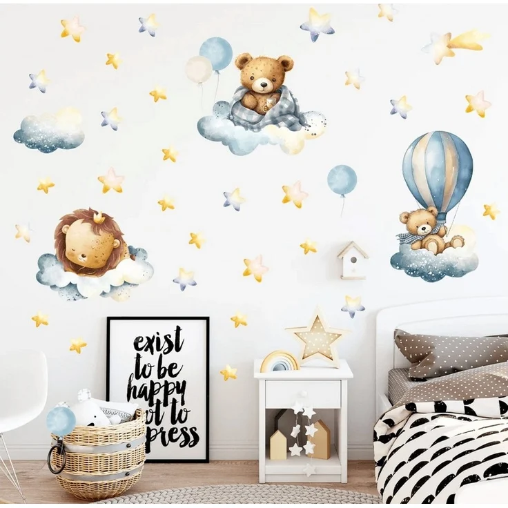 Montegoni Wandtattoo Kinder Wandsticker (Wandsticker mit Luftballon Löwe Bär Wolke Sterne Wandsticker, Kinderdeko, Kindergarten), Wandtattoo mit wildtieren für kinderzimmer, Babyzimmer – Bild 1