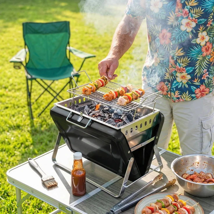 JARDJ Holzkohlegrill aus Edelstahl BBQ Smoker mit Grillrost Griff klappbaren Beinen für Barbeque Camping 40x28x25,5cm Schwarz – Bild 3