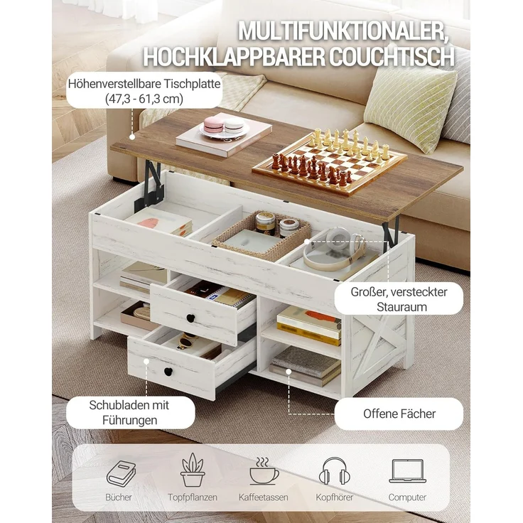 Couchtisch, höhenverstellbar, 2 Schubladen und Versteckter Stauraum, Weiß-Braun, 50 x 100 x 47,3-61,3 cm – Bild 3