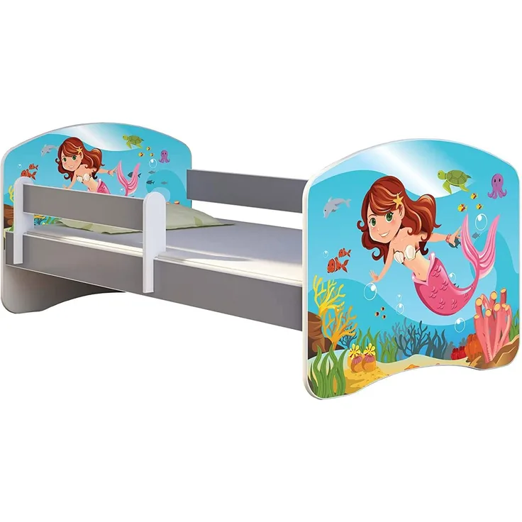 ACMA Kinderbett Jugendbett mit Einer Schublade und Matratze Grau mit Rausfallschutz Lattenrost II (09 Meerjungfrau, 160x80)