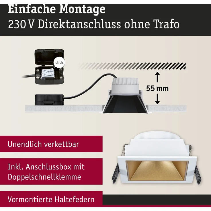 LED Einbauleuchte 3-Step-Dim Cole Coin 1er-Set IP44 eckig 88x88mm Coin 6W 470lm 230V dimmbar 2700K Weiß, Gold matt – Bild 5