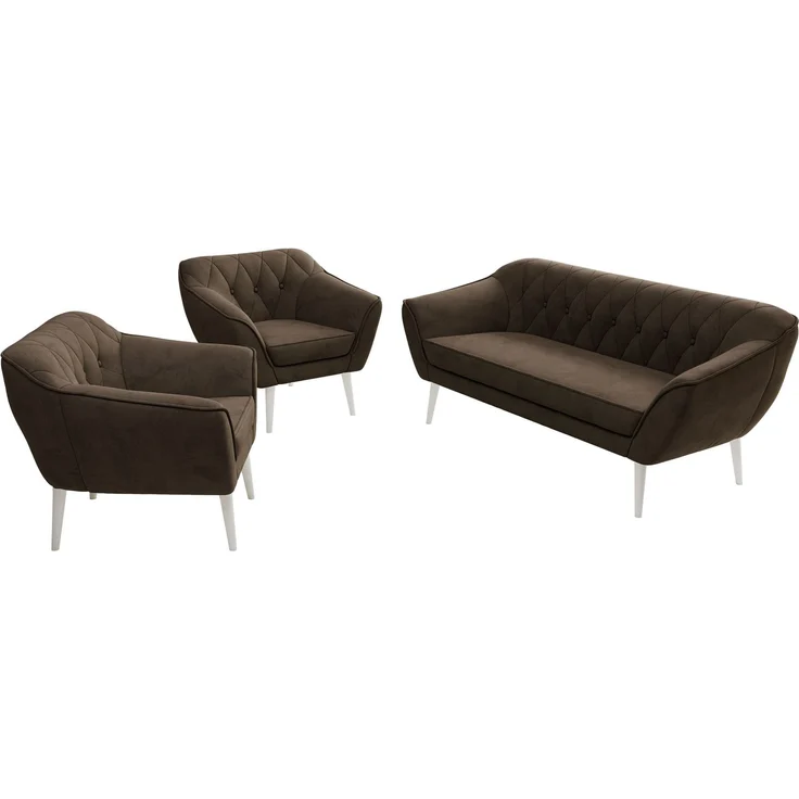 Wohnzimmerset PIRS 1-1-3, Skandinavisches 3-Sitzer Sofa mit Sesseln, Sofa mit Wellenfederung, weiße Füße, Skandinavisches Möbelset - Braun Velvet – Bild 8