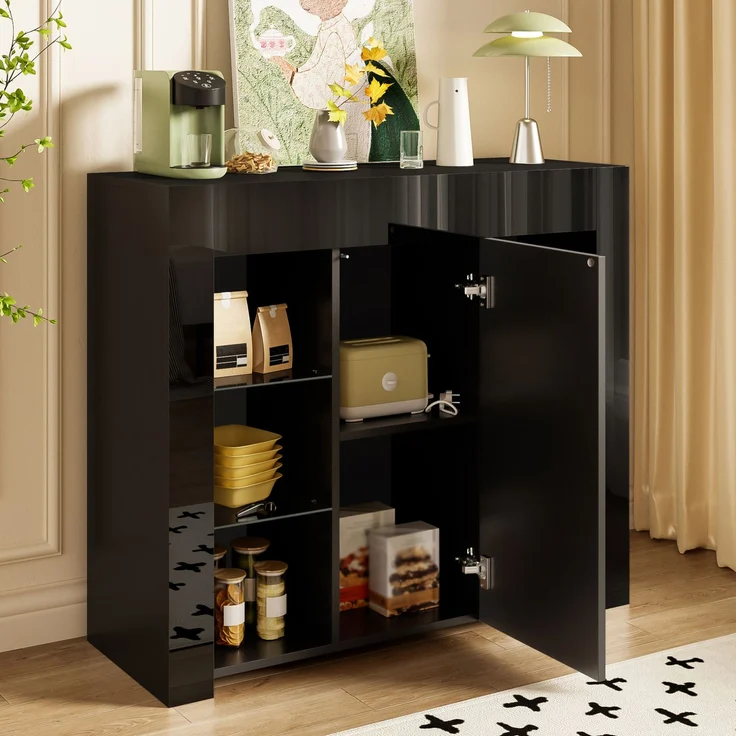 DESVIAE Sideboard mit Glaseinlegeböden und Tür 95x83x35 cm Spanplatte Schwarz – Bild 4