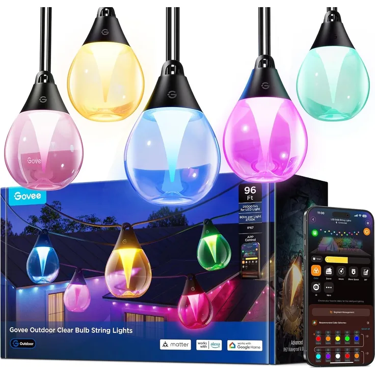 Govee Lichterkette Außen, 30M Dimmbare RGBWIC LED Lichterkette mit 16 Millionen Farben und 111 Szenenmodi, 80 lm pro LED, Lebensdauer 25.000 Stunden, Funktioniert mit Alexa, Google Assistant, Matter