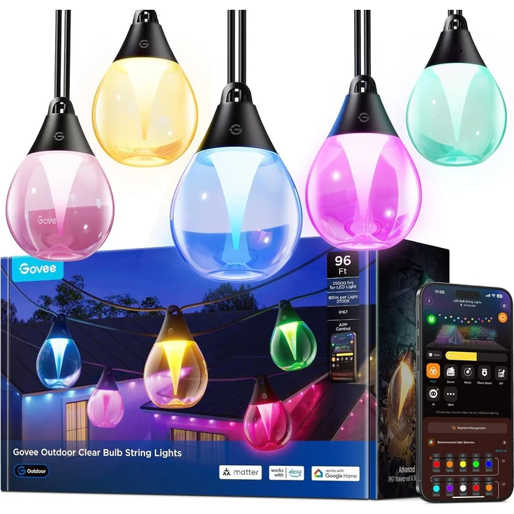 Govee Lichterkette Außen, 30M Dimmbare RGBWIC LED Lichterkette mit 16 Millionen Farben und 111 Szenenmodi, 80 lm pro LED, Lebensdauer 25.000 Stunden, Funktioniert mit Alexa, Google Assistant, Matter