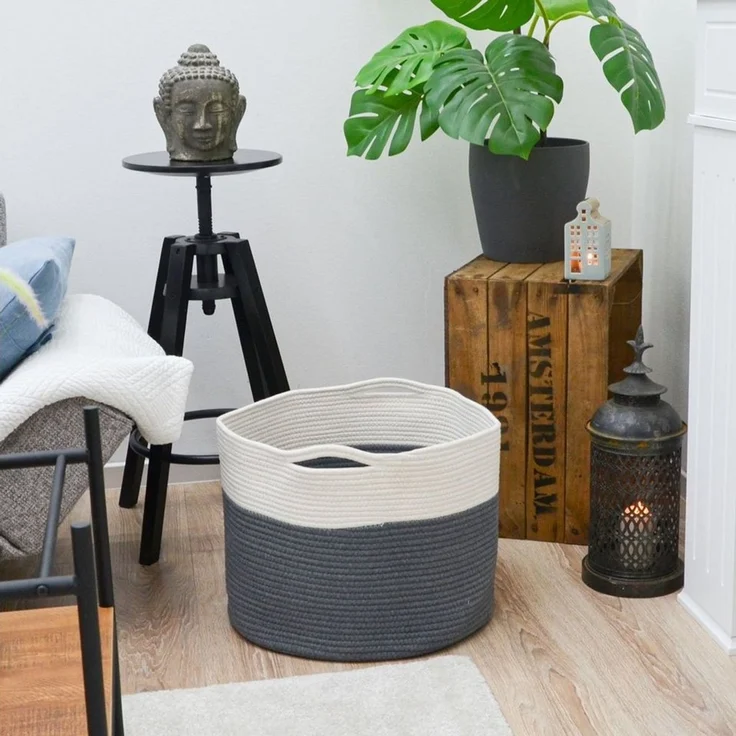 Baumwoll Seilkorb 45L Aufbewahrungskorb Ø43x33 Boho Wäschekorb Grau – Bild 2