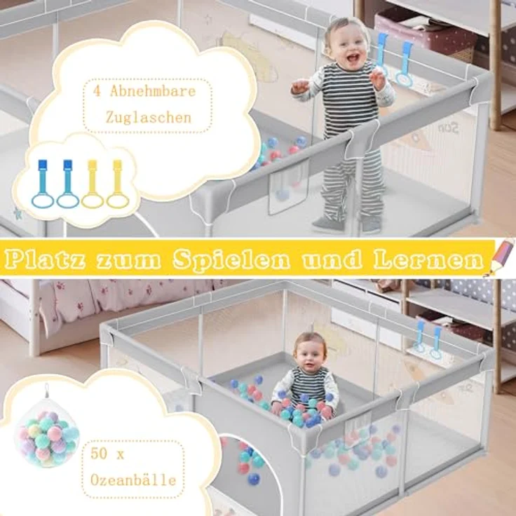 FIVMEN Laufstall 150x180cm Mit 50 Spielbällen, Krabbelgitter und 4 Zugringen - Tragbarer Baby Playpen, Grauer Raumfahrer – Bild 5