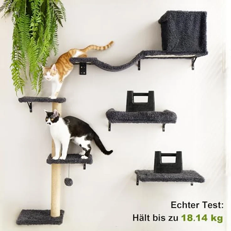 FUKUMARU Kletterwand Katzen Set, 10-teilig Katzen Kletterwand Set, aus robuster Multiplexplatte，Hängematte Katze mit Katzenhaus, Katzenbrücke, Katzenbaum, Katzentreppe bis zu 18 kg, Grau – Bild 6