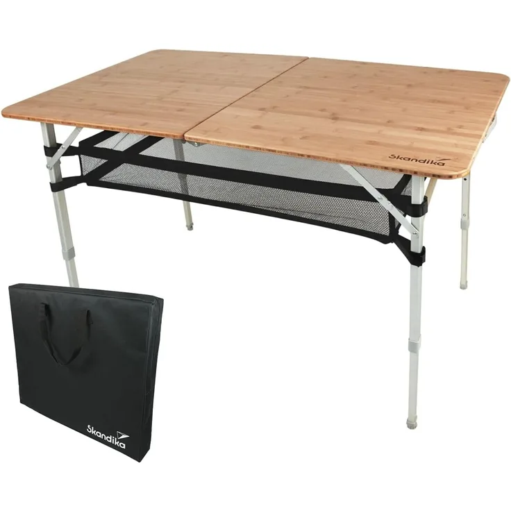 Skandika Campingtisch Klapptisch, Tolja Bambus, 3-Fach höhenverstellbar, mit Netzablage, wetterfest, UV-beständig, für Garten,Balkon