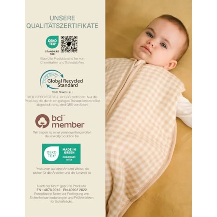 molis&co - Baby Schlafsack ärmellos - Ideal für Frühling und Herbst - Babyschlafsack 1 tog ohne Ärmel - Leicht gepolstert - Babyschlafsack Neugeborene - Premium Bambu Musselin - Vichy Sand (60 cm) – Bild 8