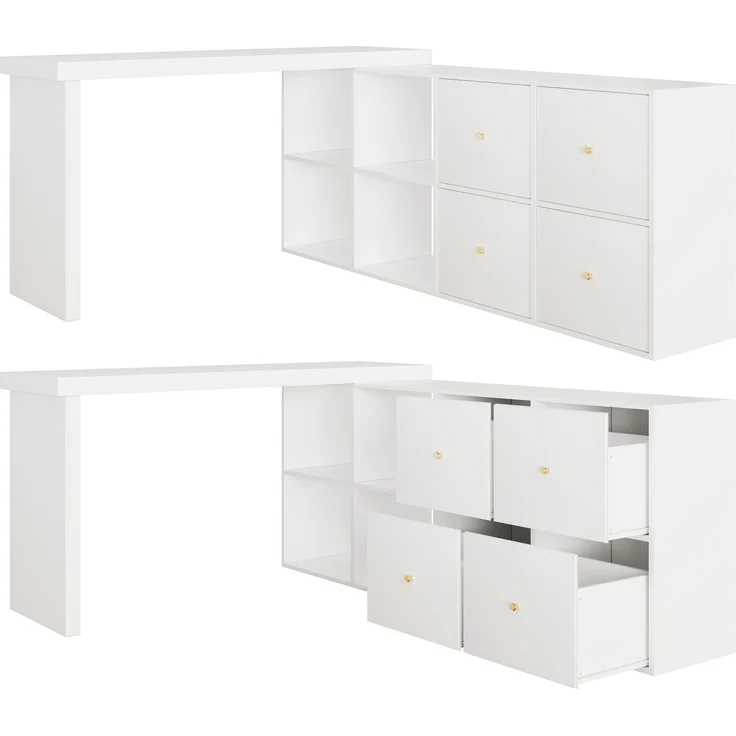 Flieks rechter Ecke 360° Drehschreibtisch, L Eckschreibtisch mit Sideboard, 4 Fächern & 4 Schubladen, 120×48×78 cm + 140×35×73.5 cm, Weiß – Bild 7