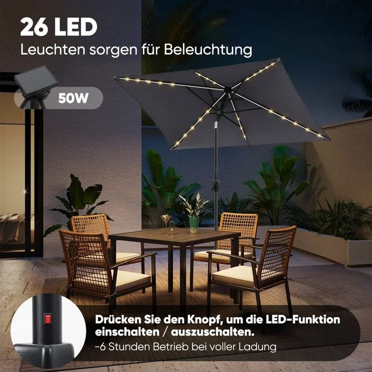 Sekey Sonnenschirm mit LED-Beleuchtung, Kurbel & UV50+, knickbar, Aluminium grau, 200 x 300 cm – Bild 3