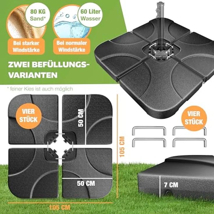 KESSER® Sonnenschirmständer 4-teilig Schirmgewicht Schirmständer für Ampelschirm Bodenkreuz 60 Liter / 80 kg befüllbar mit Wasser oder Sand Inkl. Metallverbinder Ampelschirmständer Kunststoff Schwarz – Bild 9
