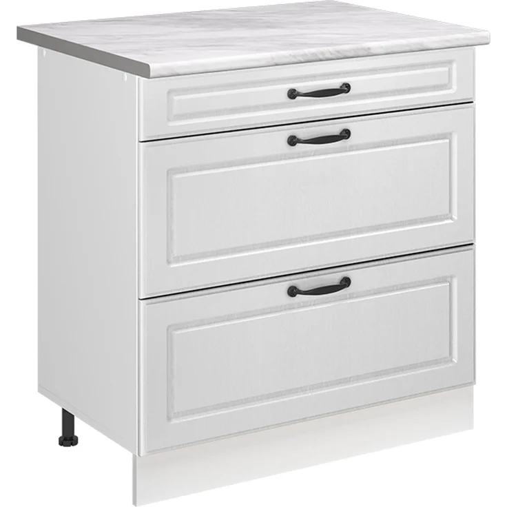 Küchenunterschrank R-Line Weiß Landhaus/Weiß 80 cm mit 3 Schubladen Arbeitsplatte Marmor Vicco – Bild 1