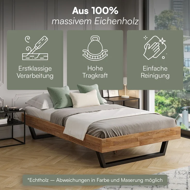 skølm 'Alver' Bett 120x200 cm, Bettgestell, natur geölt, Massivholzbett aus Eiche mit Metallkufen, Doppelbett ohne Bettkopf – Bild 3