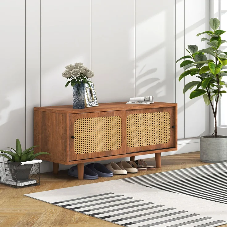 Merax Rattan Schuhschrank 104*40*48 cm mit 2 Türen mit verstellbare Ablage Walnussfarbe formschöner Schuhschrank für Flur, Wohn- und Schlafzimmer – Bild 2