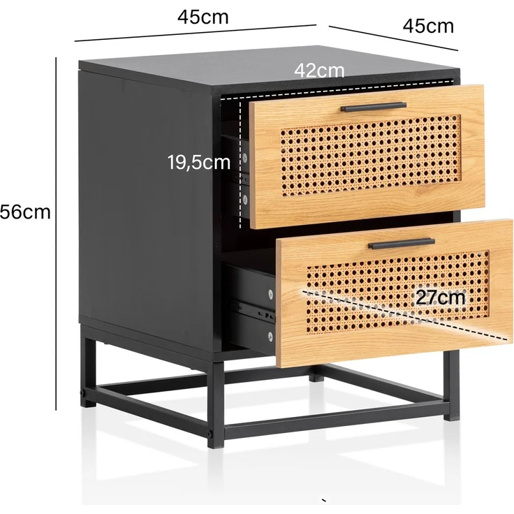 FineBuy Nachtkonsole Schwarz mit Wiener Geflecht 45x45x56 cm Nachttisch Zeitlos, Nachtkommode Boxspringbett mit Schubladen, Nachtkästchen mit Stauraum – Bild 3