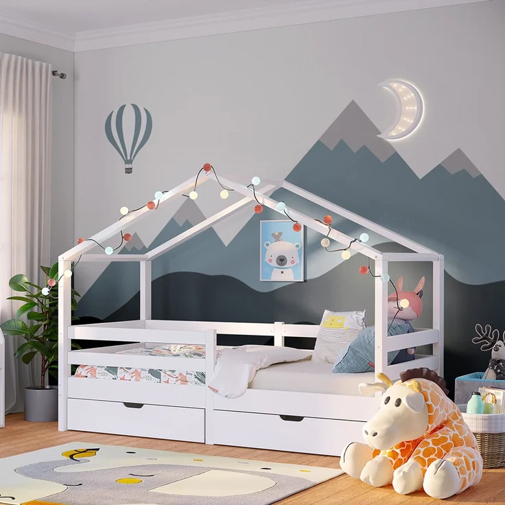 Bellabino 'Abia' Hausbett 90x200 cm mit 2 Schubladen, weiß, Kiefer Massivholz, Montessori Kinderbett mit Stauraum, inkl. Rausfallschutz und Lattenrost – Bild 1