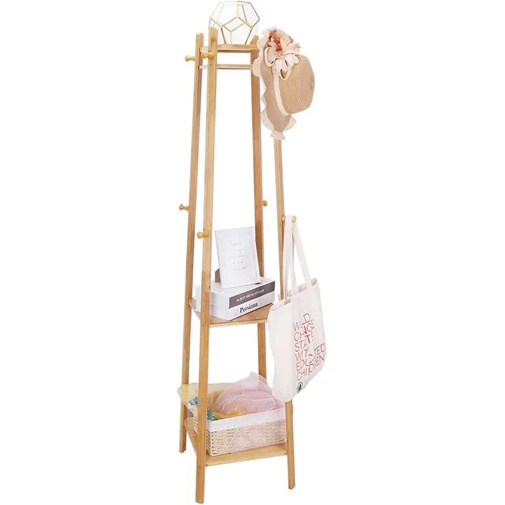 UNHO Kleiderständer Garderobenständer mit 8 Haken 3 Ablagen Bambus Beige 39 x 39 x 169 cm