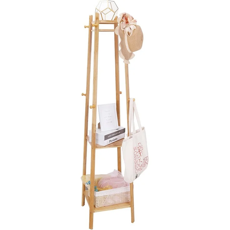 UNHO Kleiderständer Garderobenständer mit 8 Haken 3 Ablagen Bambus Beige 39 x 39 x 169 cm – Bild 1