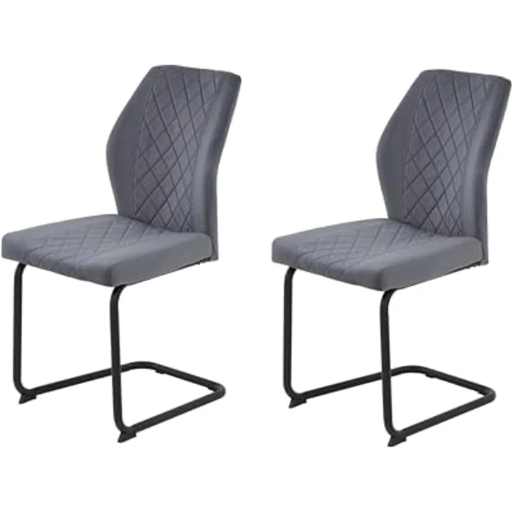 Hela Tische, 2er Set Freischwinger Küchenstuhl Oslo, Bezug Velvet/Samt Dunkelgrau, Rundrohr-Metall-Gestell Schwarz, Rautensteppung, 140kg belastbar – Bild 1