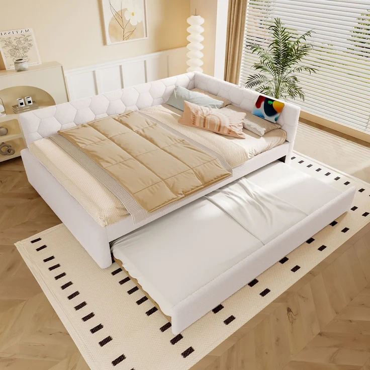 Daybett, 140*200cm Tagesbett, Schlafsofa, Bett mit Lattenrost (ohne Matratze), mit Nachttischlampe, mit multifunktionalem Ausziehbett, USB-Anschluss, Typ-C, Komfortmaterial, Vliesimitat, Weiß – Bild 5
