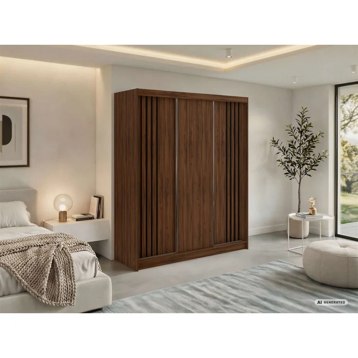Schwebetürenschrank NAURU mit Lamellen-Optik, moderner Kleiderschrank, Breite 180 cm, inkl. Innenausstattung & Stauraum, Akustikpaneel-Design - Warmia-Nuss und Schwarz - mit Schubladen – Bild 1
