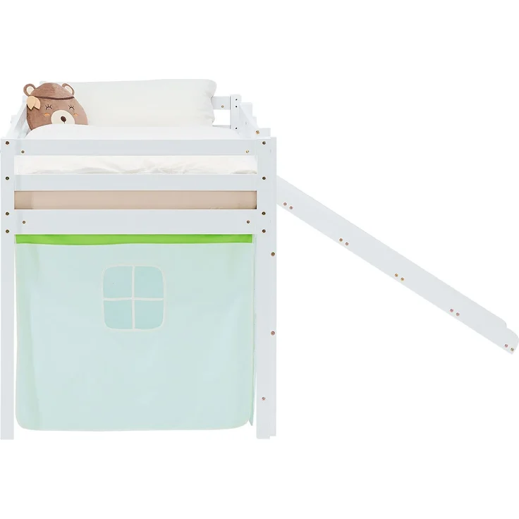 Hochbett Kinder 90x200 cm mit Rutsche Kinderbett Kinderhochbett Stockbett Vorhang Grün Leiter Holz Massiv – Bild 10