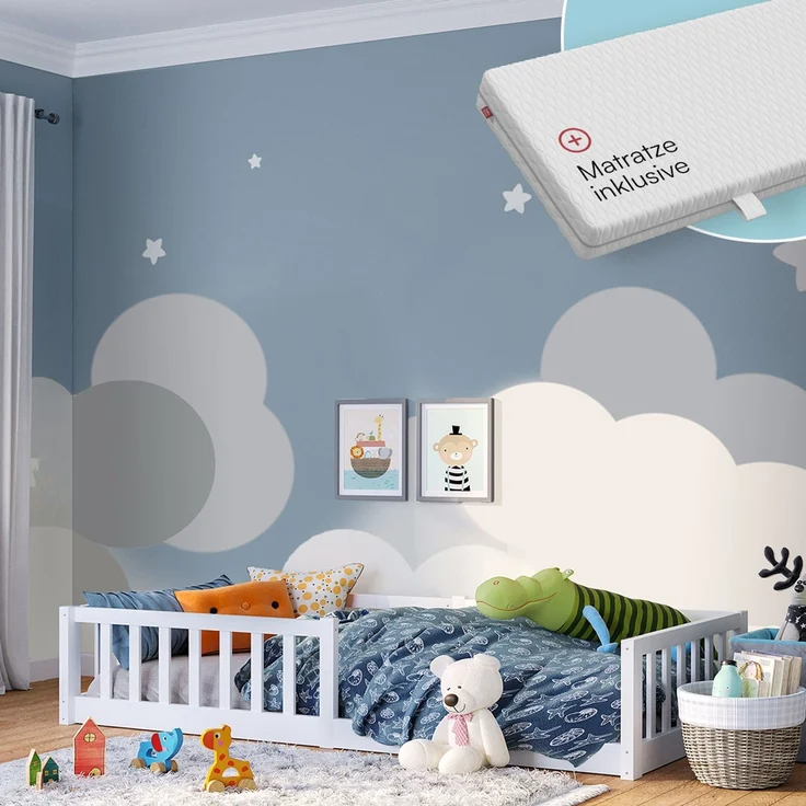Bellabino 'Vere' Bodenbett 80x160 cm mit Matratze, weiß, Massivholz Kiefer, Montessori Kinderbett mit Rausfallschutz und Lattenrost – Bild 1