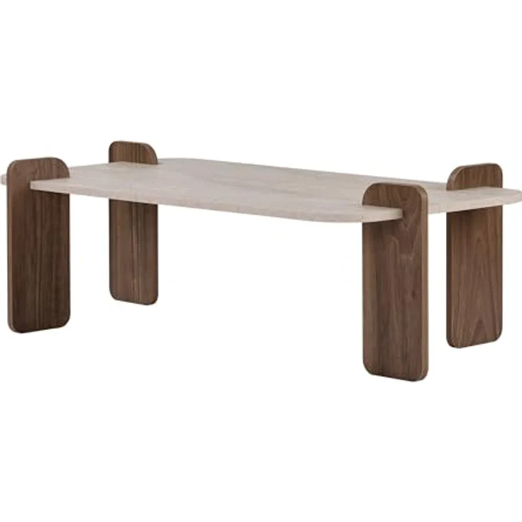 Stilvoller Couchtisch, 120 cm x 60 cm x 35 cm | 100% melaminbeschichtete Spanplatte, werkzeuglose Montage | Elegante Travertin- und Walnuss-Optik – Bild 5