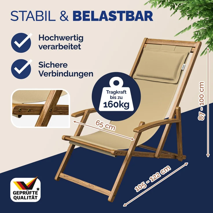 Sonnenliege Gartenstuhl Akazienholz 4 verschiedene Farben – Bild 3
