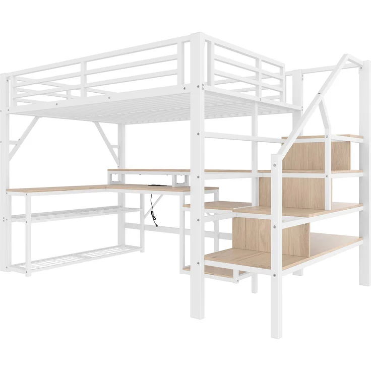 U-life Hochbett 140x200 cm, Eisenrahmen, Ablagefach, Treppenkonstruktionen, Sicherheitsgeländer, Metall, Weiß – Bild 9
