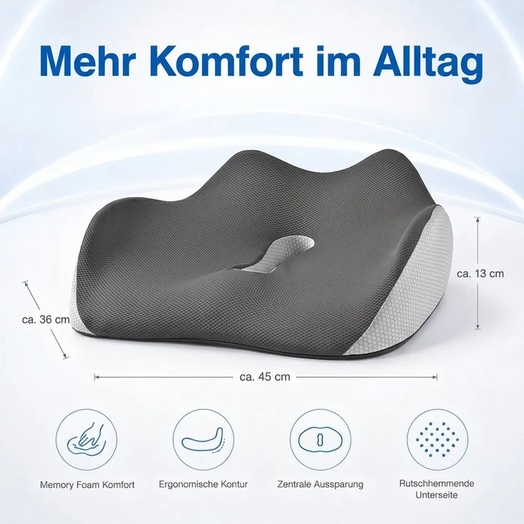 AIMAX Steißbeinkissen Hämorrhoiden Sitzkissen Orthopädisch Ergonomisch Multi-Stützkissen, Memory-Foam Sitzkissen für Bürostuhl, Auto & Zuhause, Rollstuhl, 1-tlg, Rutschfest, Atmungsaktiv, Komfortkissen mit waschbarem Bezug, Stuhlkissen zur Linderung vo... – Bild 2