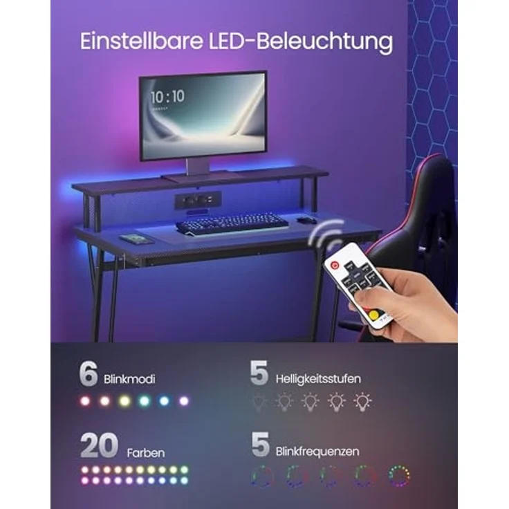 Vasagle Schreibtisch, Gaming Tisch mit eingebauter Steckdosenleiste, Computertisch, mit Monitorständer für 2 Monitore, Schlafzimmer, 60 x 100 x 76 cm, rußschwarz LWDDE191B02 – Bild 5