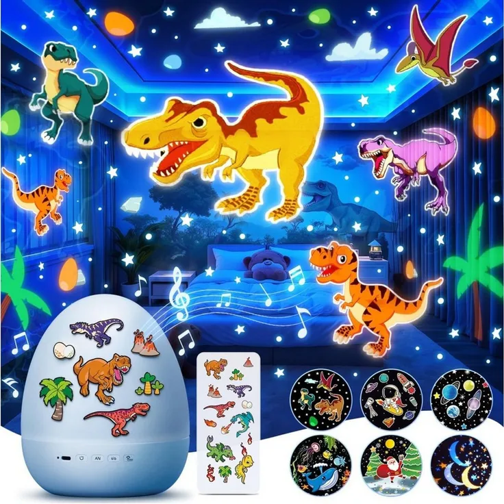 Vivitar LED-Sternenhimmel Dino-Ei-Projektor für Kinder, Nachtlicht mit 12 Projektionsfolien, Geschenk für Jungen und Mädchen, 360°-Drehung, 7 Farben, 15 Melodien und beruhigenden Klängen, 1200-mAh-Akku, aufladbar über USB-C, 15/30-Minuten-Timer, DIY-Di...