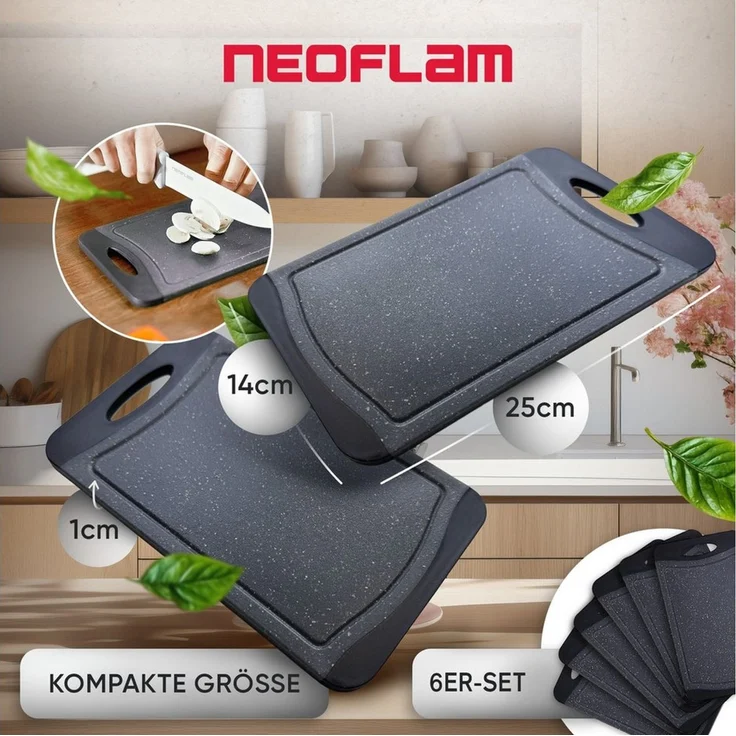 NEOFLAM® Schneidebrett Flutto Antibakterielles Frühstücksbrettchen Set 6tlg. - Granit/Schwarz, Kunststoff (PP), (6-St) – Bild 2