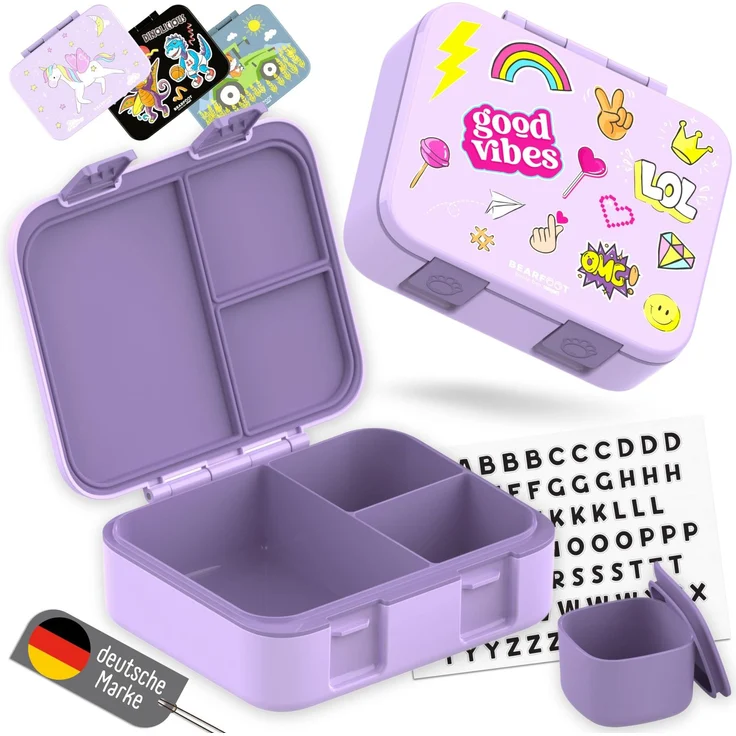 BEARFOOT Bento Box COMPACT Kinder Brotdose (Sticker-lila, 1.000 ml) | BPA-frei, auslaufsichere Lunchbox mit Fächern, für Schule & Kindergarten, für Mädchen & Jungen, leicht & kompakt