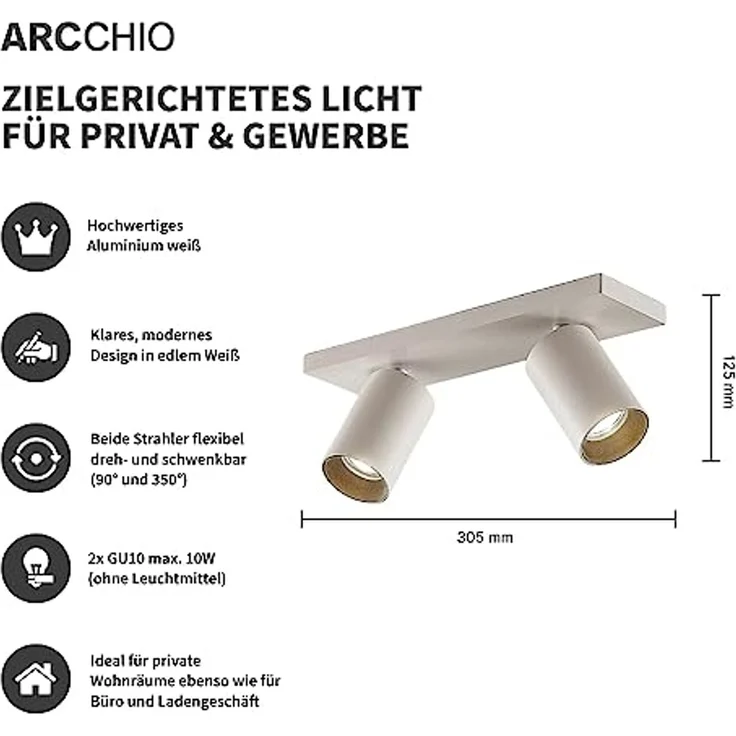 Arcchio Deckenstrahler Brinja, Metall, Weiß IP20, 2 x 8 W LED – Bild 2