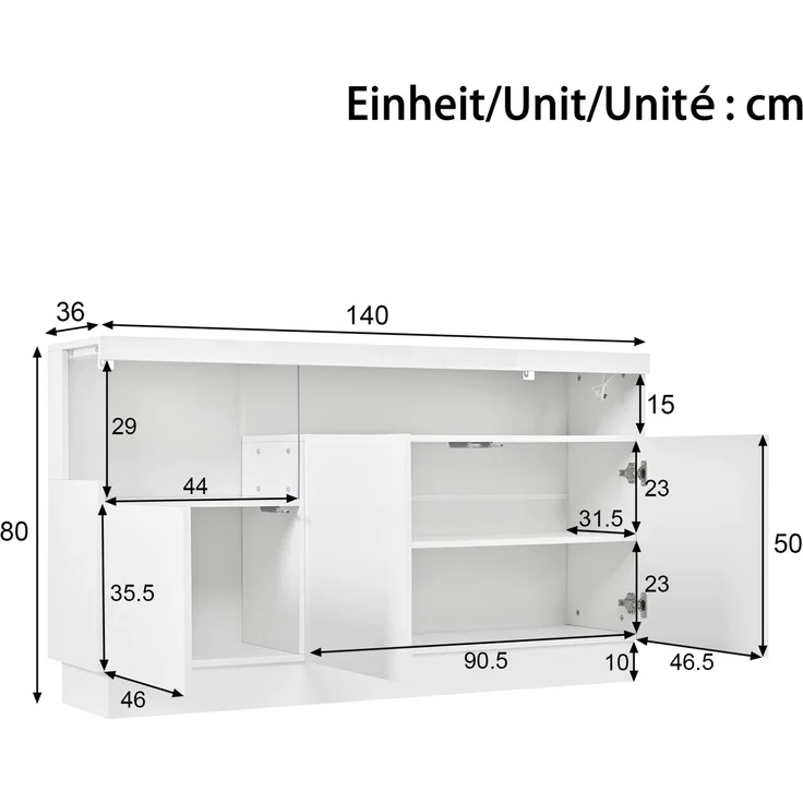 DESVIAE Sideboard mit LED-Beleuchtung und 3 Türen 140x80x36 cm aus PB und MDF Weiß – Bild 10