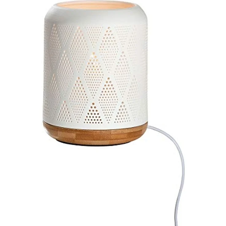 GILDE Tischleuchte Porzellan Lampe Prickelraute weiß / Sockel in Holzoptik – Bild 2
