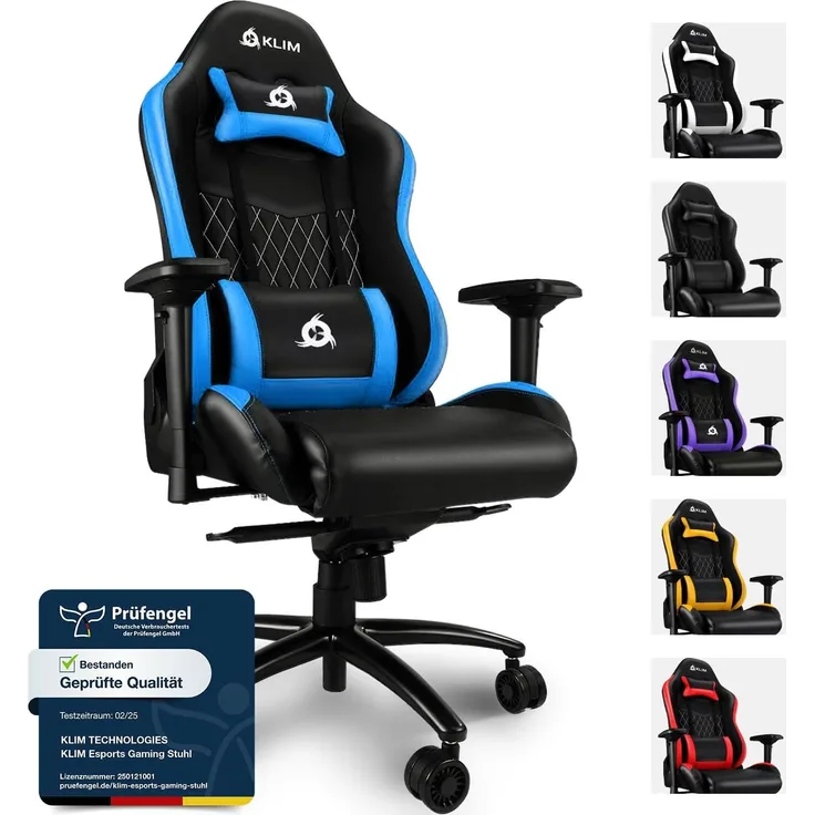 KLIM Esports Gaming Stuhl + Mit Lenden- und Nackenstütze + Verstellbar Gaming Sessel + Ergonomisch PC Stuhl + Kunstleder und Premium-Materialien + Blau Gamer Stuhl 2022 Version Gaming Chair