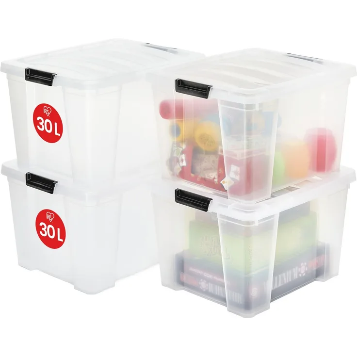 Iris Ohyama, Aufbewahrungsbox aus Kunststoff, 4er-Set, 30L - HB-30 - Transparent, L43 x T35 x H25.5 cm
