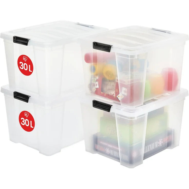 Iris Ohyama, Aufbewahrungsbox aus Kunststoff, 4er-Set, 30L - HB-30 - Transparent, L43 x T35 x H25.5 cm