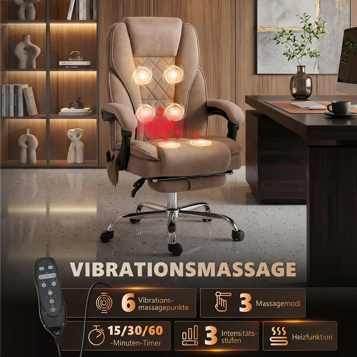 MELAYR, Ergonomischer Bürostuhl mit Massagefunktion, Fußstütze, drehbar, rollbar, Braun, 72 x 67 x 119 cm – Bild 6
